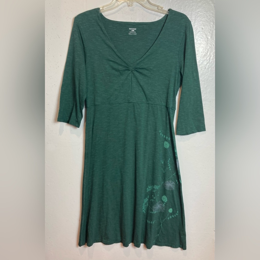 Horny Toad Rosalinda Dress Size M Green Organic Cotton Lyocell Midi Ruched ALine